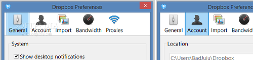 Showing the Dropbox settings